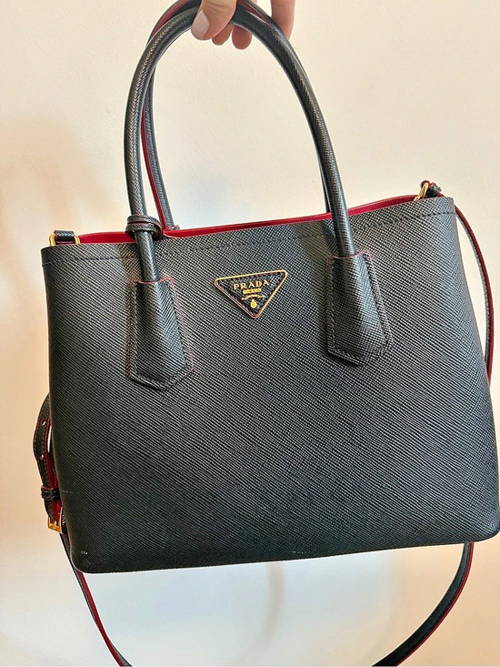 Prada Handbags - Prada Saffiano Double Bag Tote Black & Red